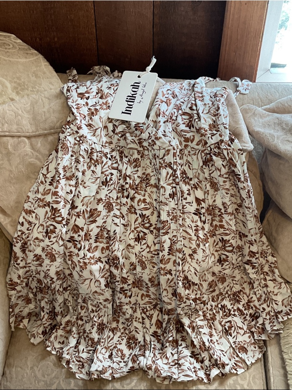 Floral Tie-Shoulder Mini Dress in Cream and Brown - Picture 3 of 6